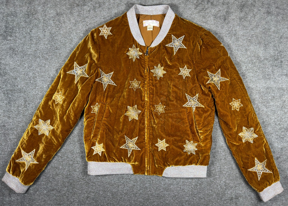 Band of Gypsies L'Astra Gold Velvet Star Embroidered Bomber Jacket Women S Boho